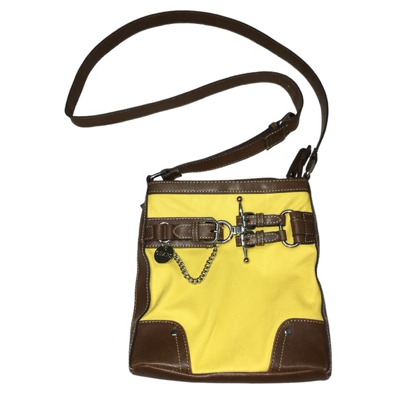 Chaps Handbags - CHAPS Western Yellow Brown Faux Leather Buckles Crossbody Bag